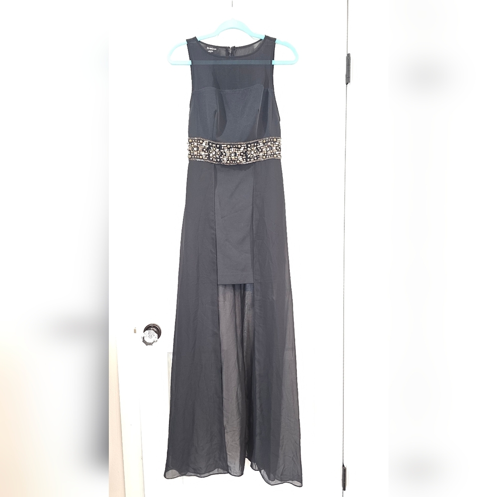 Bebe Black Beaded Dress With Sheer Train